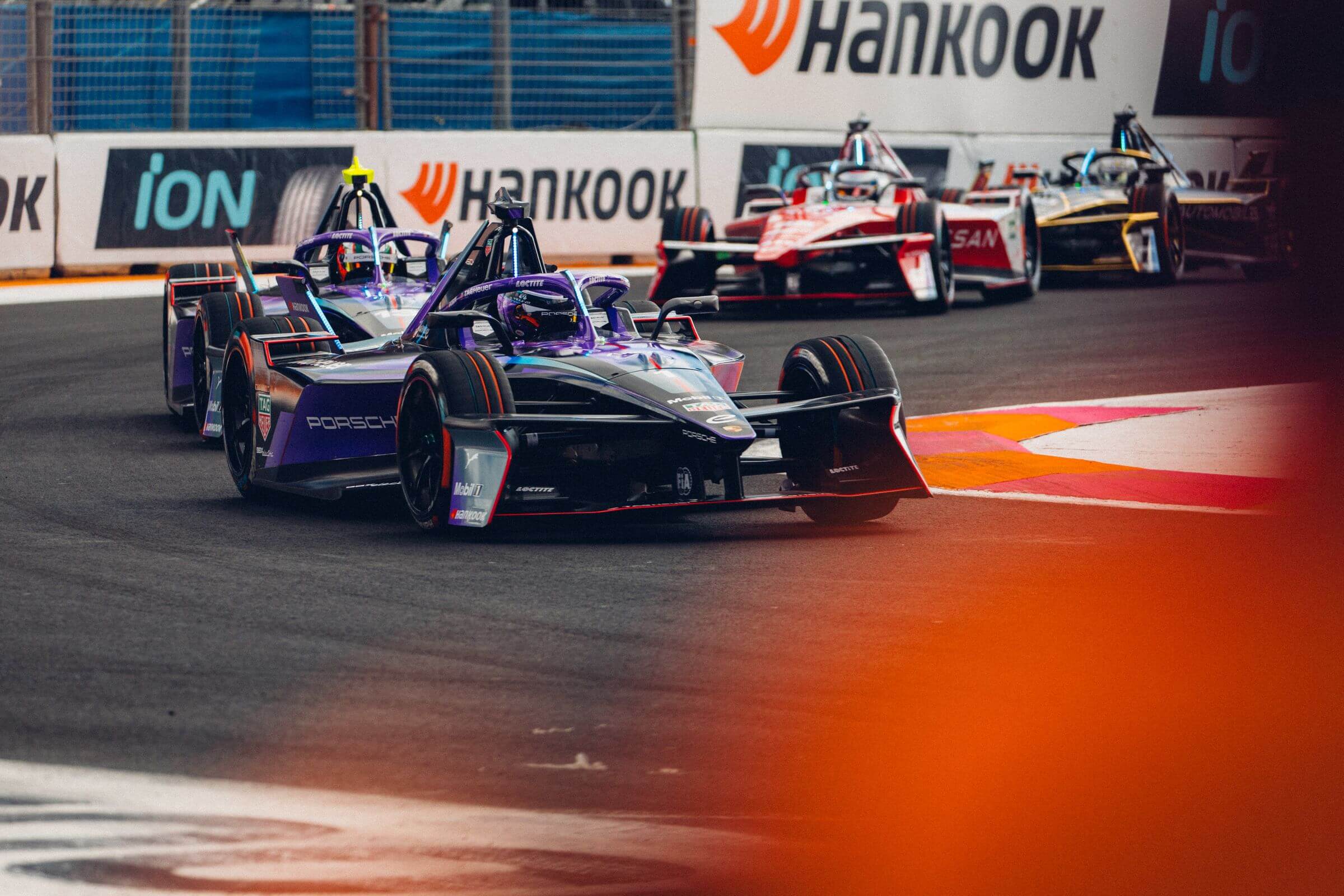 Pascal Wehrlein leads the 2025 Mexico City E-Prix in front of his team-mate Antonio Felix da Costa, Oliver Rowland and Jean-Eric Vergne driving behind them